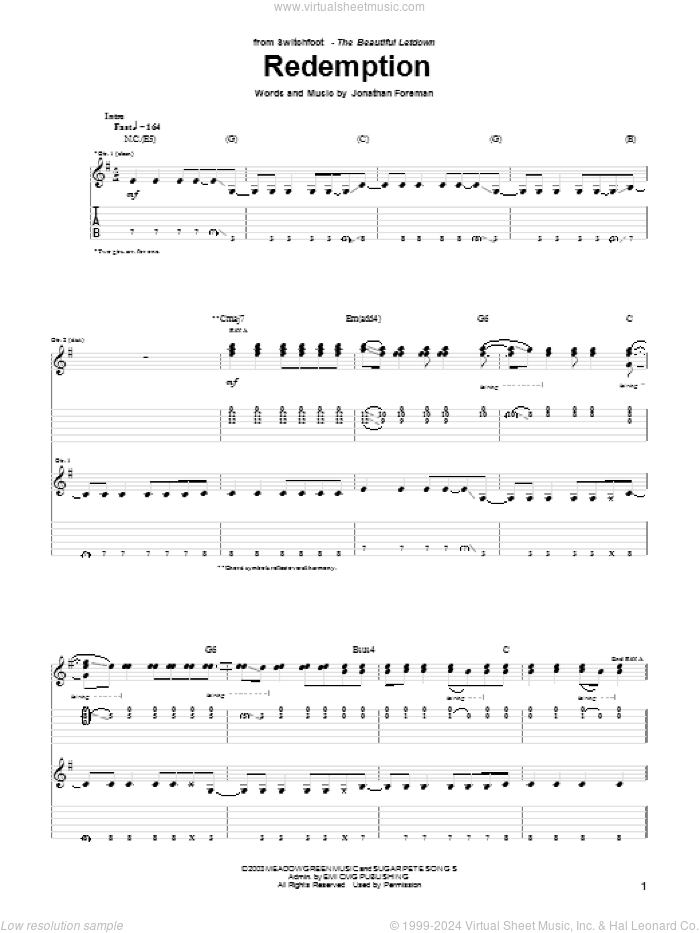 Redemption Side sheet music for guitar (tablature) by Switchfoot and Jonathan Foreman, intermediate skill level