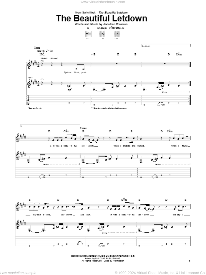 The Beautiful Letdown sheet music for guitar (tablature) by Switchfoot and Jonathan Foreman, intermediate skill level