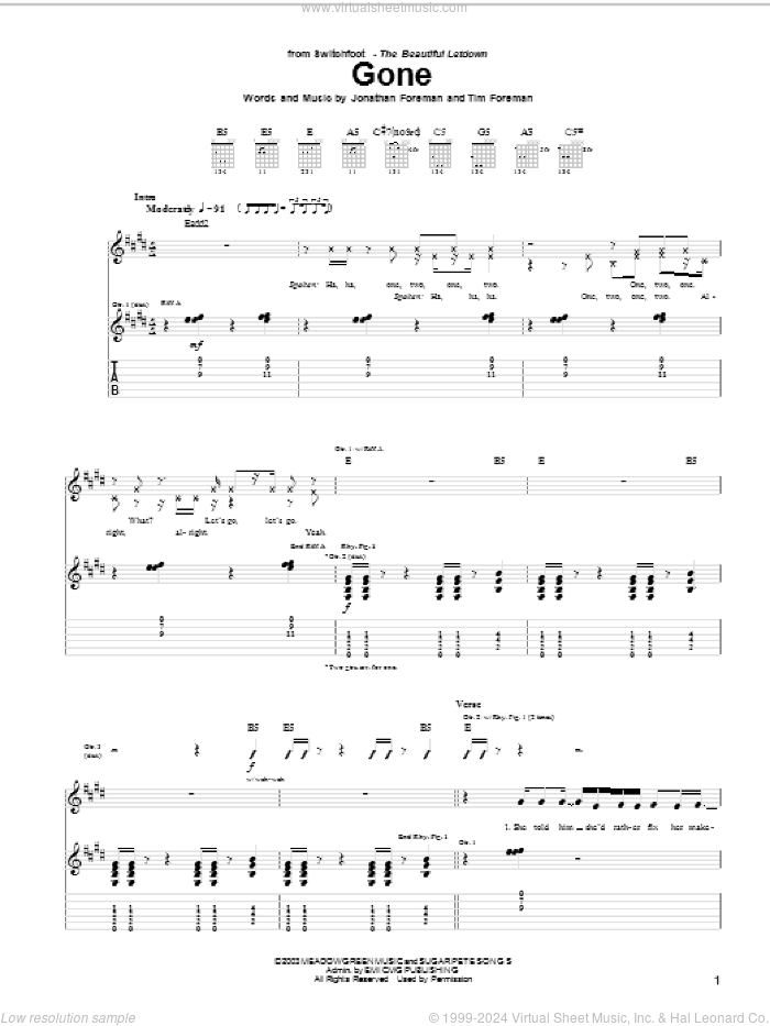 Gone sheet music for guitar (tablature) by Switchfoot, Jonathan Foreman and Tim Foreman, intermediate skill level