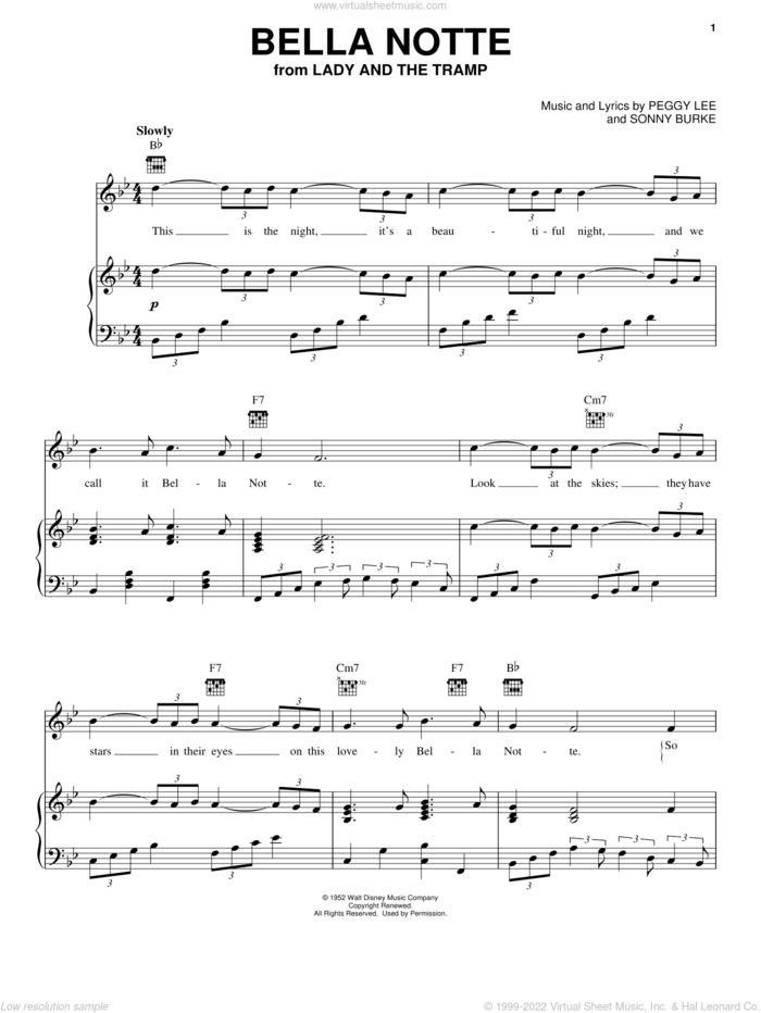 Bella Notte (This Is The Night) (from Lady And The Tramp) sheet music for voice, piano or guitar by Peggy Lee and Sonny Burke, intermediate skill level