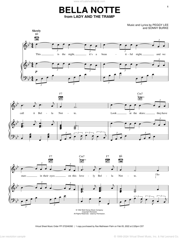 Bella Notte (This Is The Night) (from Lady And The Tramp) sheet music for voice, piano or guitar by Peggy Lee and Sonny Burke, intermediate skill level