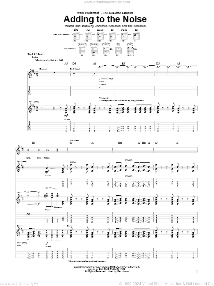 Adding To The Noise sheet music for guitar (tablature) by Switchfoot, Jonathan Foreman and Tim Foreman, intermediate skill level