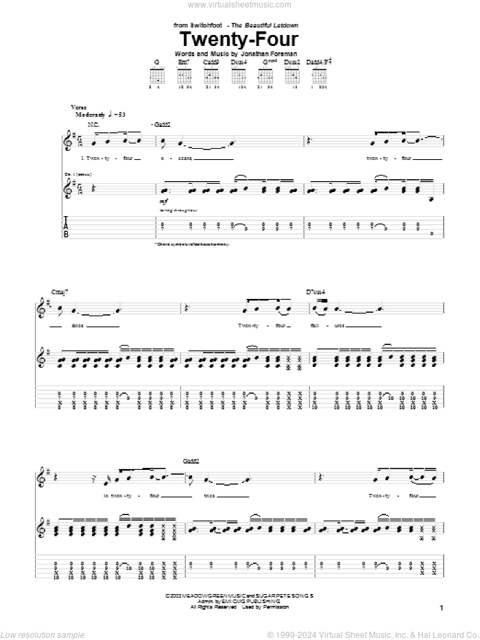 Twenty-Four sheet music for guitar (tablature) by Switchfoot and Jonathan Foreman, intermediate skill level