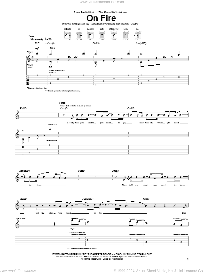 On Fire sheet music for guitar (tablature) by Switchfoot, Daniel Victor and Jonathan Foreman, intermediate skill level