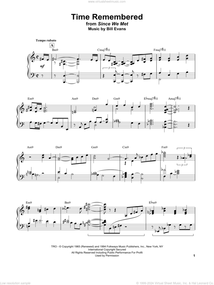 Time Remembered sheet music for piano solo by Bill Evans, intermediate skill level