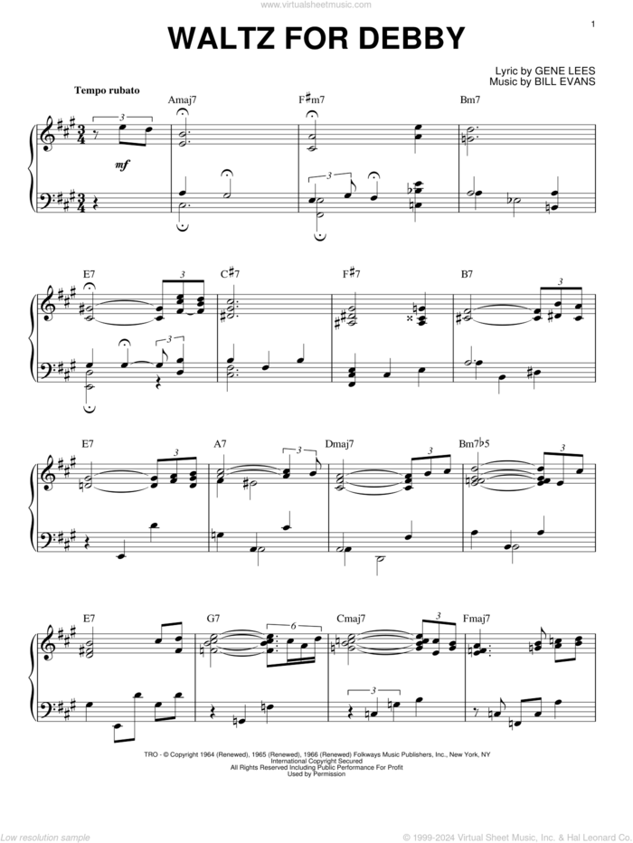 Waltz For Debby (arr. Brent Edstrom) [Jazz version] sheet music for piano solo by Bill Evans and Eugene John Lees, intermediate skill level