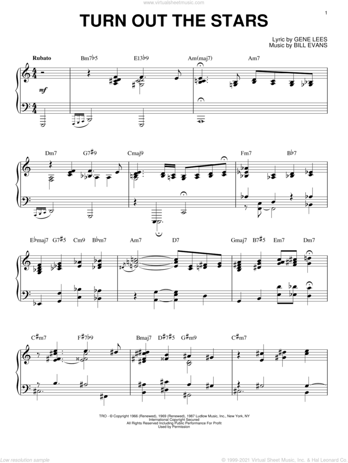 Turn Out The Stars sheet music for piano solo by Bill Evans and Eugene John Lees, intermediate skill level