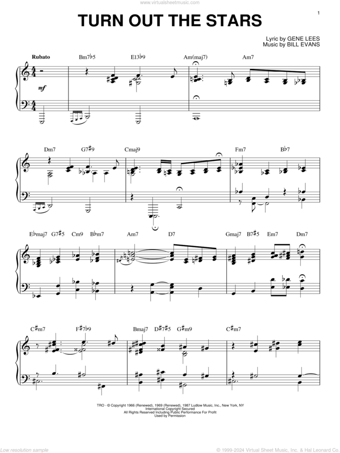 Turn Out The Stars sheet music for piano solo by Bill Evans and Eugene John Lees, intermediate skill level