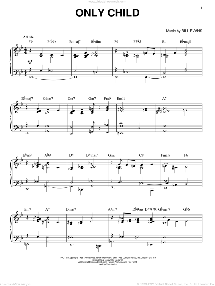 Only Child sheet music for piano solo by Bill Evans, intermediate skill level