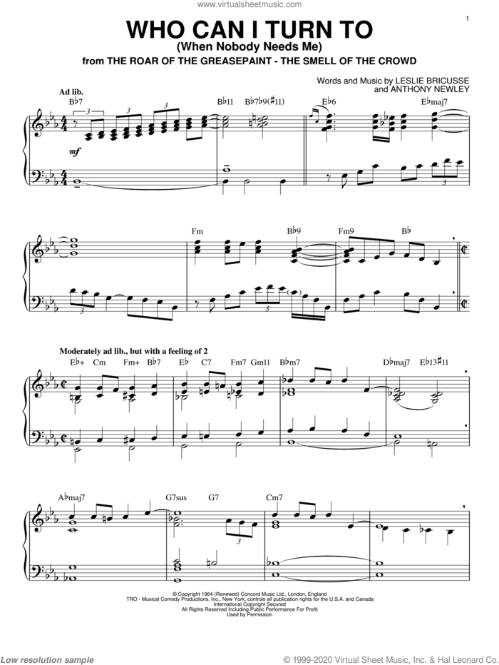 Who Can I Turn To (When Nobody Needs Me) sheet music for piano solo by Bill Evans, Tony Bennett, Anthony Newley and Leslie Bricusse, intermediate skill level