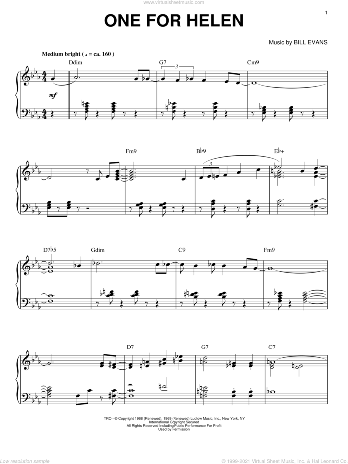 One For Helen sheet music for piano solo by Bill Evans, intermediate skill level