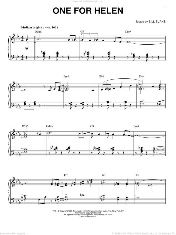 One For Helen sheet music for piano solo by Bill Evans, intermediate skill level