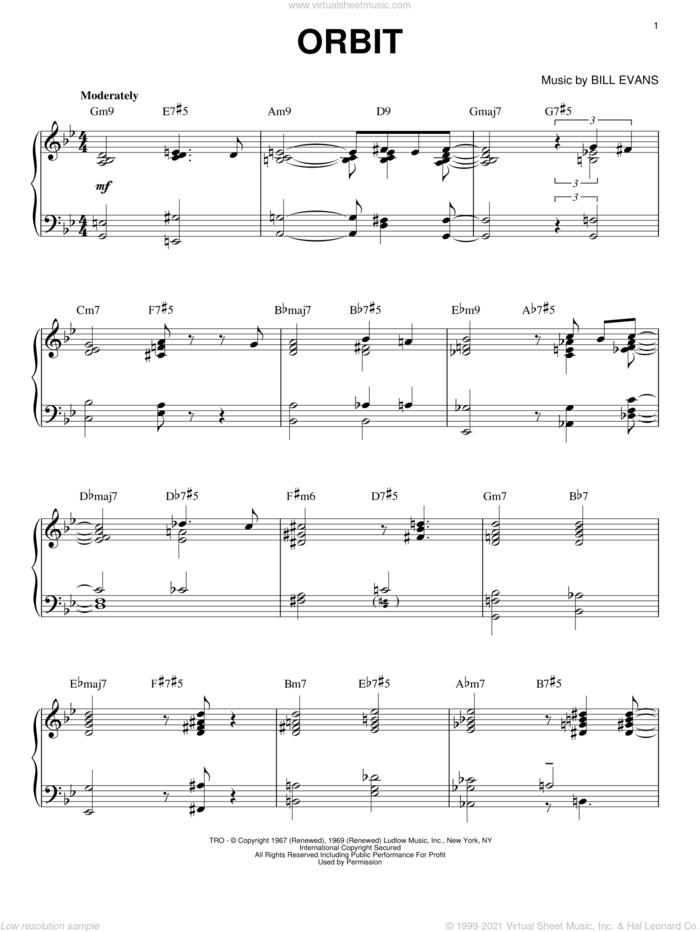Orbit sheet music for piano solo by Bill Evans, intermediate skill level