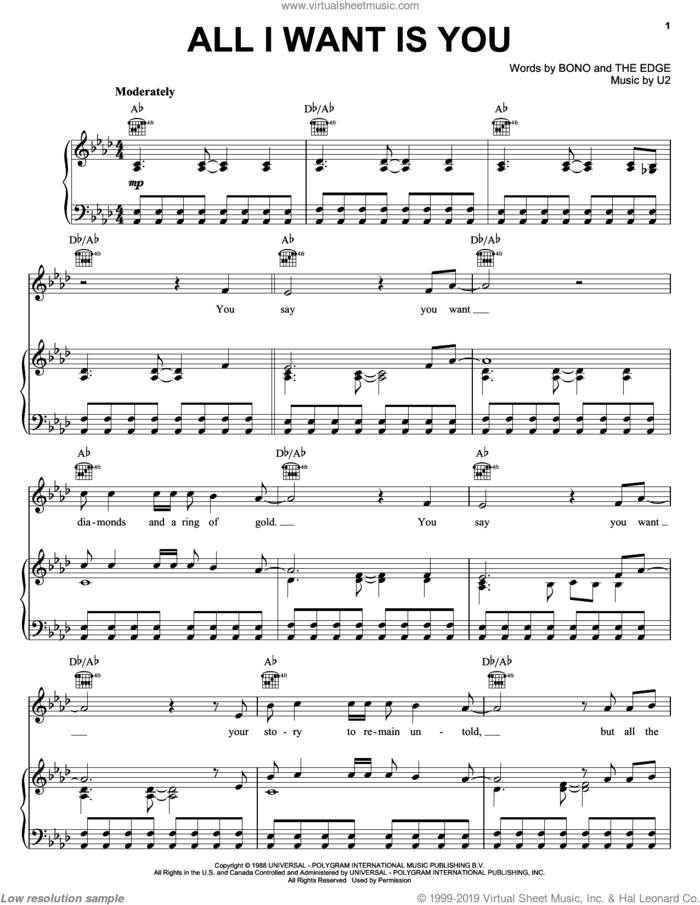 All I Want Is You sheet music for voice, piano or guitar by U2, Bono and The Edge, intermediate skill level