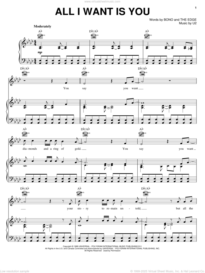 All I Want Is You sheet music for voice, piano or guitar by U2, Bono and The Edge, intermediate skill level