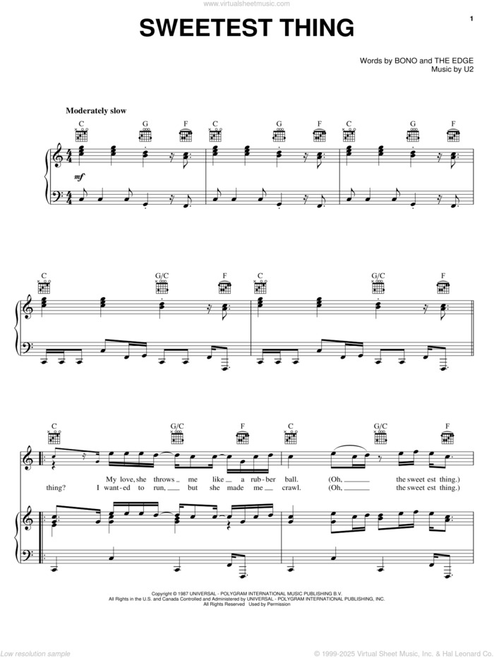 Sweetest Thing sheet music for voice, piano or guitar by U2, Bono and The Edge, intermediate skill level