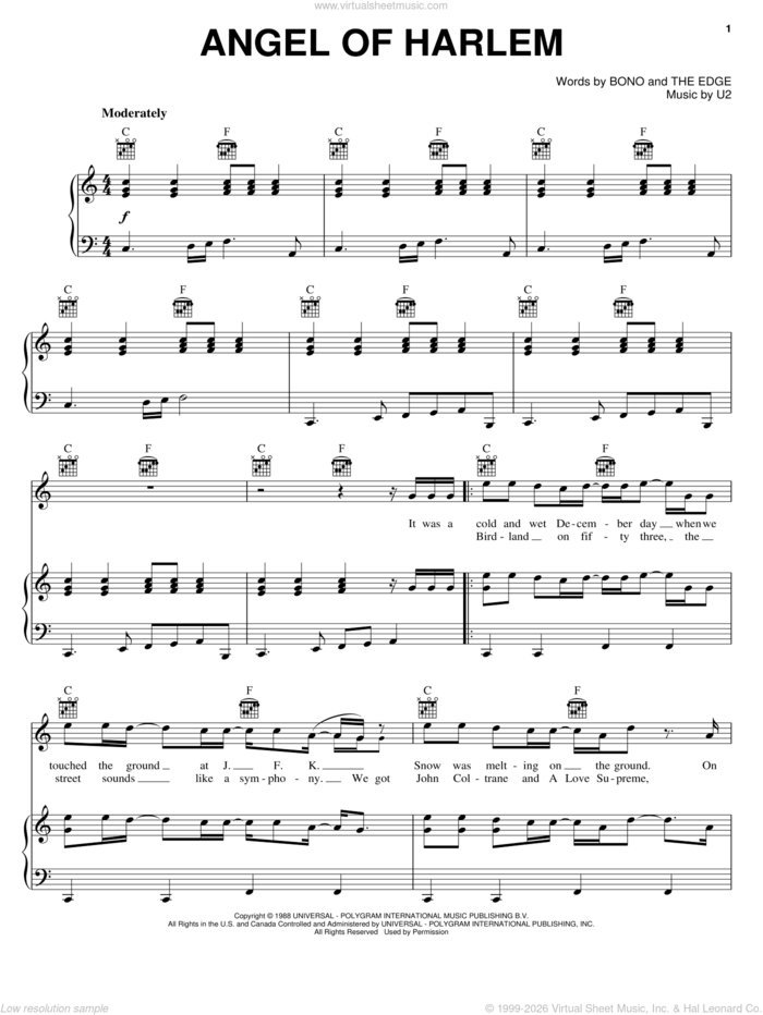 Angel Of Harlem sheet music for voice, piano or guitar by U2, Bono and The Edge, intermediate skill level