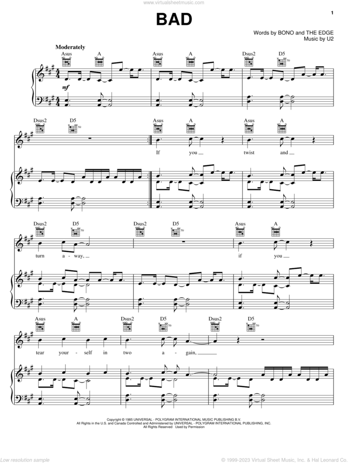 Bad sheet music for voice, piano or guitar by U2, Bono and The Edge, intermediate skill level