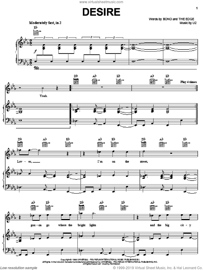 Desire sheet music for voice, piano or guitar by U2, Bono and The Edge, intermediate skill level