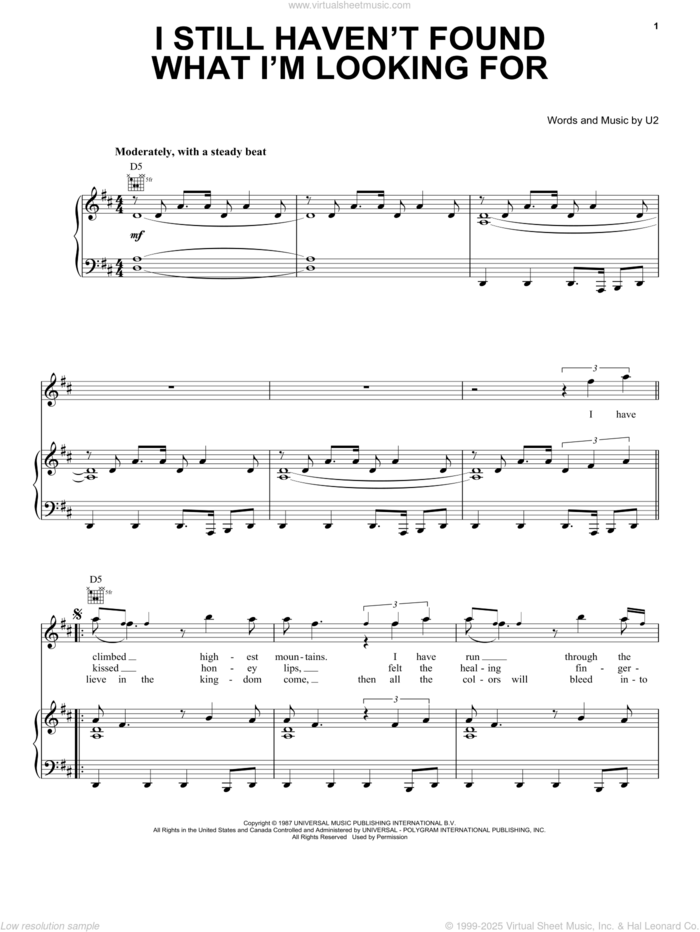 I Still Haven't Found What I'm Looking For sheet music for voice, piano or guitar by U2, Bono and The Edge, intermediate skill level