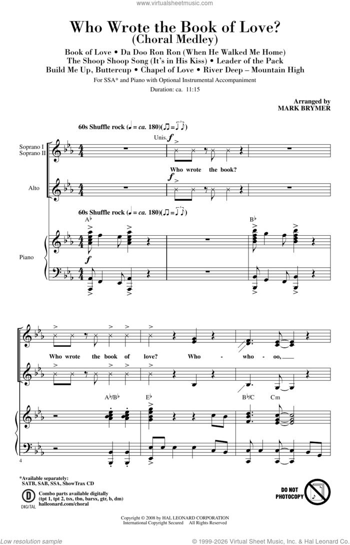 Who Wrote The Book Of Love? sheet music for choir (SSA: soprano, alto) by Mark Brymer, Charles Patrick, George Malone and Warren Davis, intermediate skill level