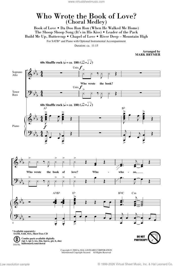 Who Wrote The Book Of Love? sheet music for choir (SATB: soprano, alto, tenor, bass) by Mark Brymer, Charles Patrick, George Malone and Warren Davis, intermediate skill level