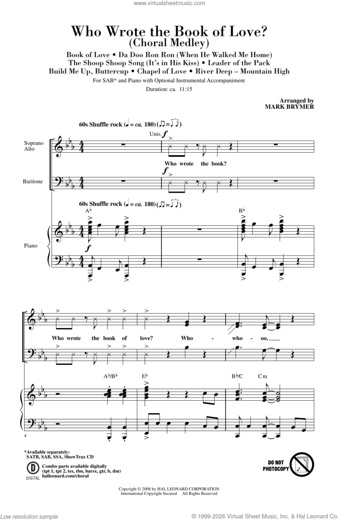Who Wrote The Book Of Love? sheet music for choir (SAB: soprano, alto, bass) by Mark Brymer, Charles Patrick, George Malone and Warren Davis, intermediate skill level