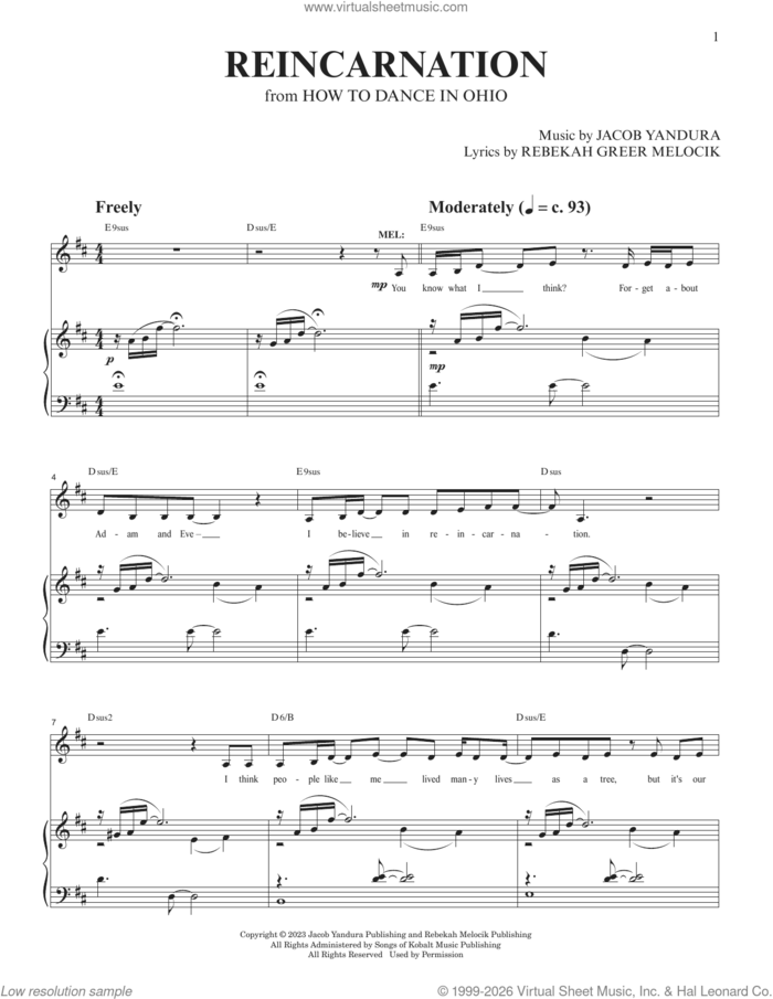 Reincarnation (from How To Dance In Ohio) sheet music for voice and piano by Jacob Yandura, Jacob Yandura & Rebekah Greer Melocik and Rebekah Greer Melocik, intermediate skill level