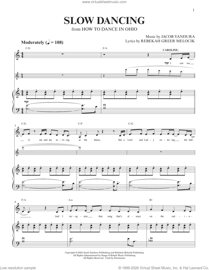 Slow Dancing (from How To Dance In Ohio) sheet music for voice and piano by Jacob Yandura, Jacob Yandura & Rebekah Greer Melocik and Rebekah Greer Melocik, intermediate skill level