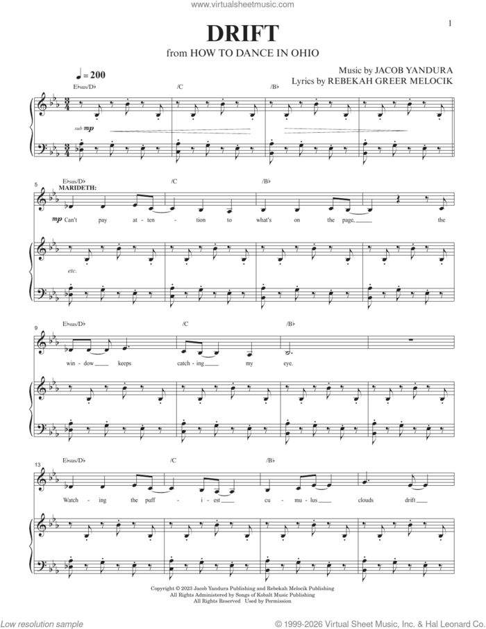 Drift (from How To Dance In Ohio) sheet music for voice and piano by Jacob Yandura, Jacob Yandura & Rebekah Greer Melocik and Rebekah Greer Melocik, intermediate skill level