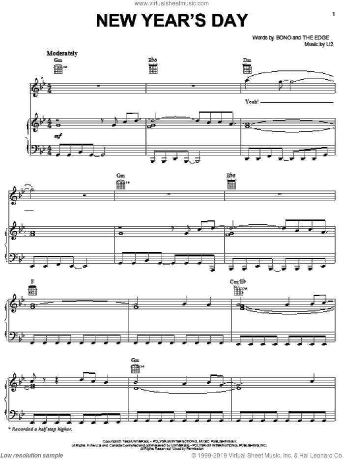 New Year's Day sheet music for voice, piano or guitar by U2, Bono and The Edge, intermediate skill level