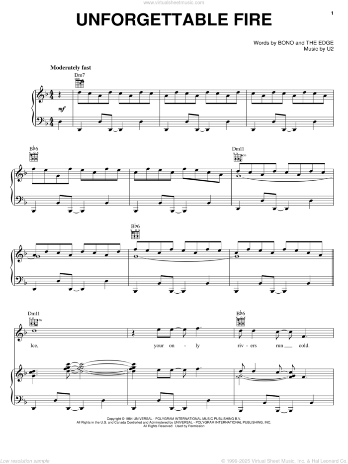 Unforgettable Fire sheet music for voice, piano or guitar by U2, Bono and The Edge, intermediate skill level