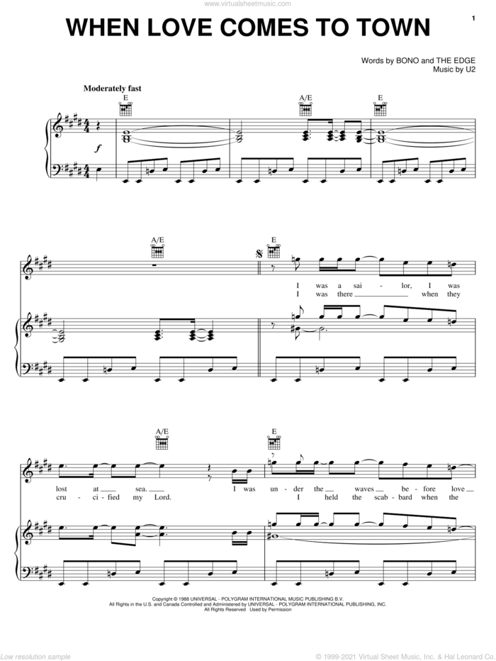 When Love Comes To Town sheet music for voice, piano or guitar by U2, B.B King, Bono and The Edge, intermediate skill level