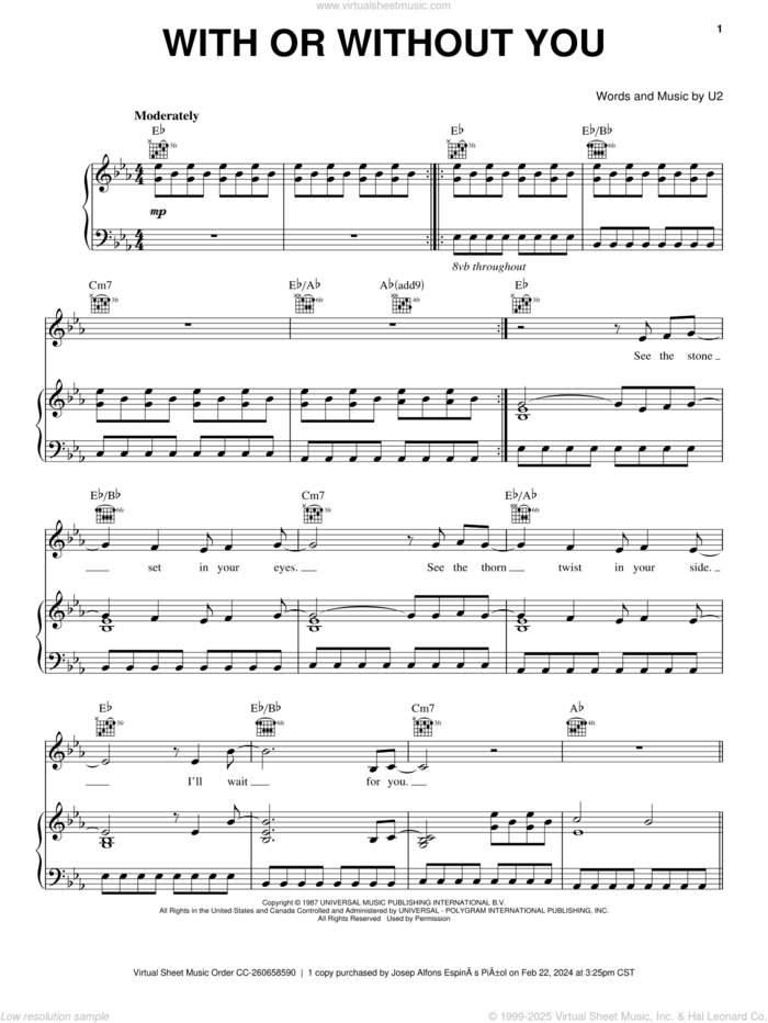 With Or Without You sheet music for voice, piano or guitar by U2, Bono and The Edge, intermediate skill level