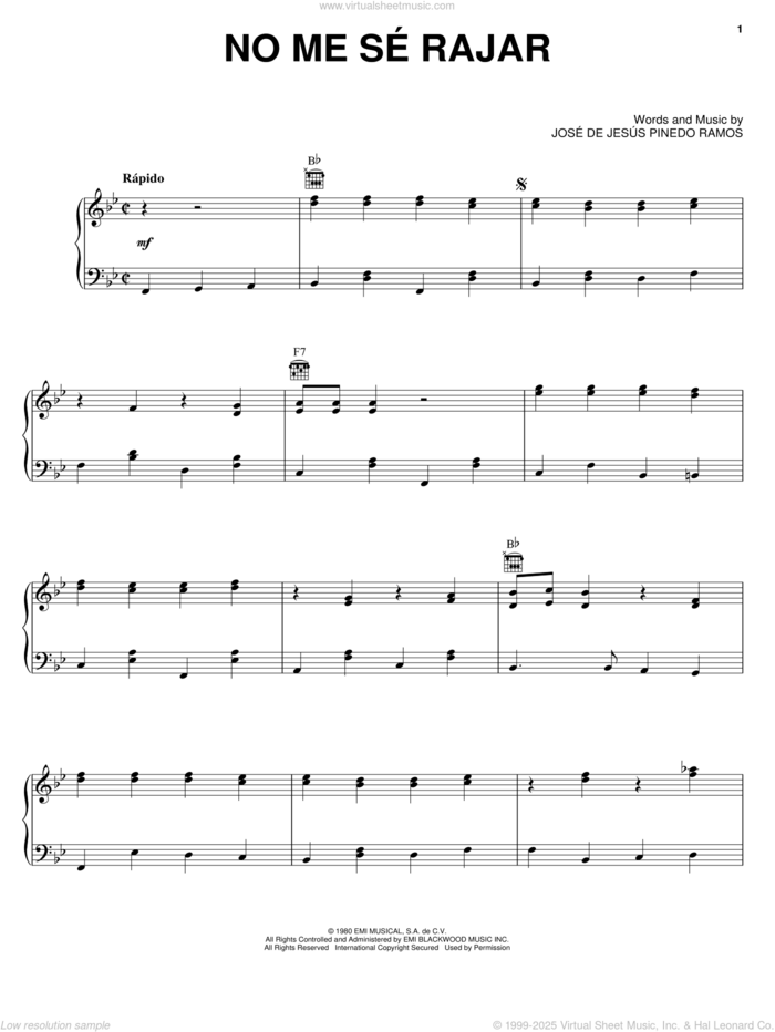 No Me Se Rajar sheet music for voice, piano or guitar by J. Carmelo Frayle, intermediate skill level