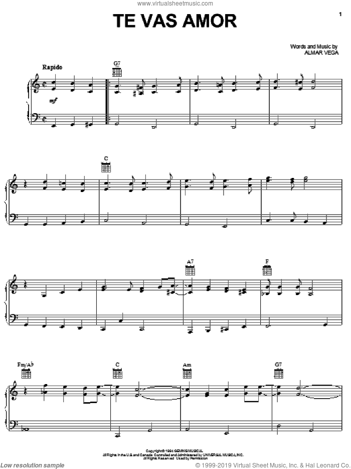 Te Vas Amor sheet music for voice, piano or guitar by Almar Vega, intermediate skill level