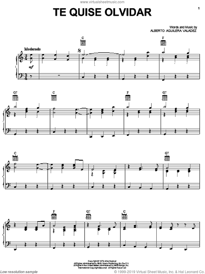 Te Quise Olvidar sheet music for voice, piano or guitar by Alberto Aguilera Valadez, intermediate skill level