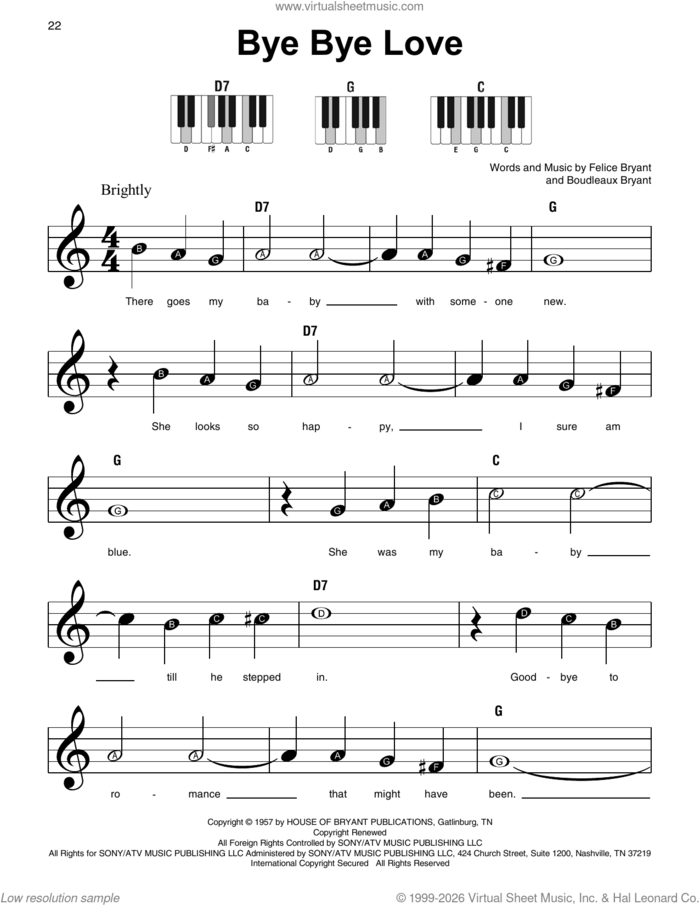 Bye Bye Love sheet music for piano solo by The Everly Brothers, Boudleaux Bryant and Felice Bryant, beginner skill level