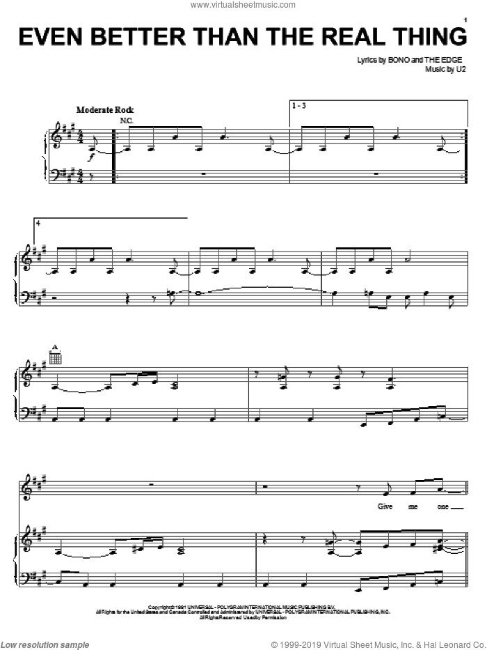 Even Better Than The Real Thing sheet music for voice, piano or guitar by U2, Bono and The Edge, intermediate skill level