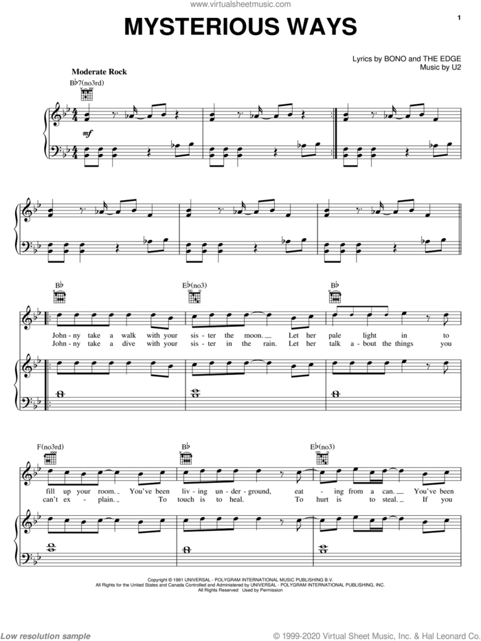 Mysterious Ways sheet music for voice, piano or guitar by U2, Bono and The Edge, intermediate skill level