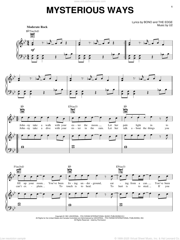 Mysterious Ways sheet music for voice, piano or guitar by U2, Bono and The Edge, intermediate skill level