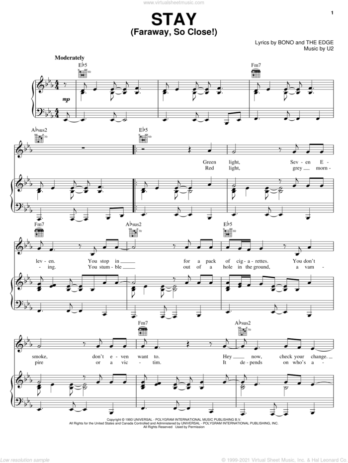 Stay (Faraway, So Close!) sheet music for voice, piano or guitar by U2, Bono and The Edge, intermediate skill level