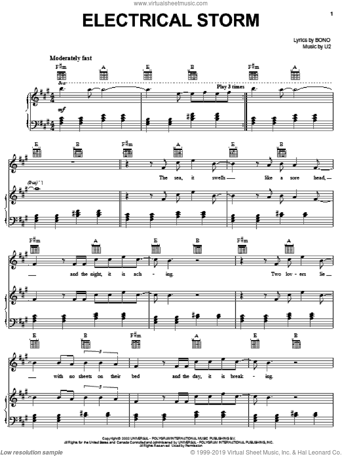Electrical Storm sheet music for voice, piano or guitar by U2 and Bono, intermediate skill level