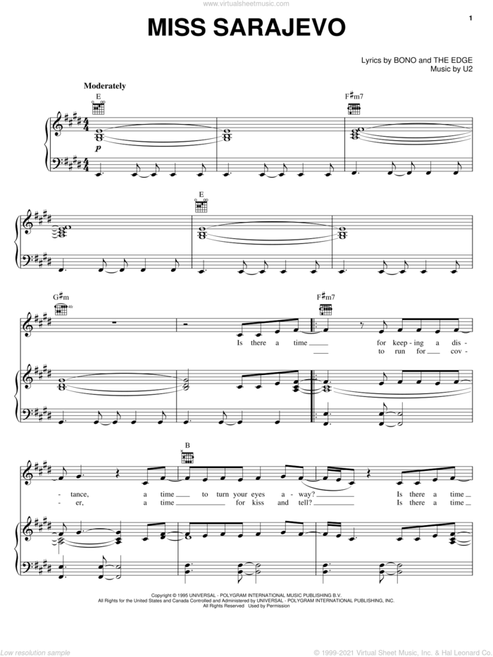 Miss Sarajevo sheet music for voice, piano or guitar by U2, Bono and The Edge, intermediate skill level