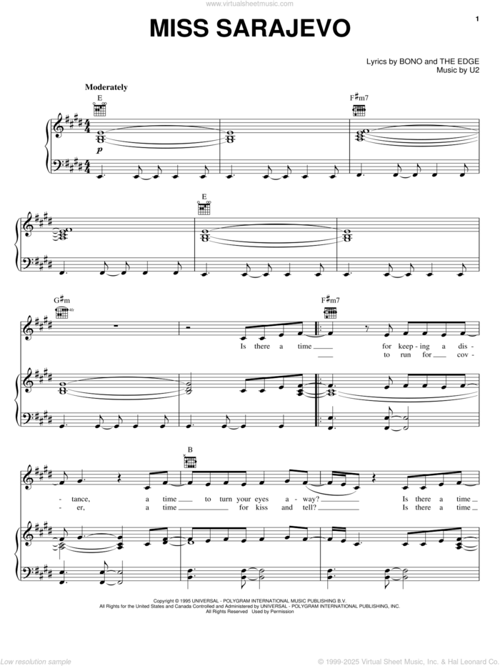 Miss Sarajevo sheet music for voice, piano or guitar by U2, Bono and The Edge, intermediate skill level