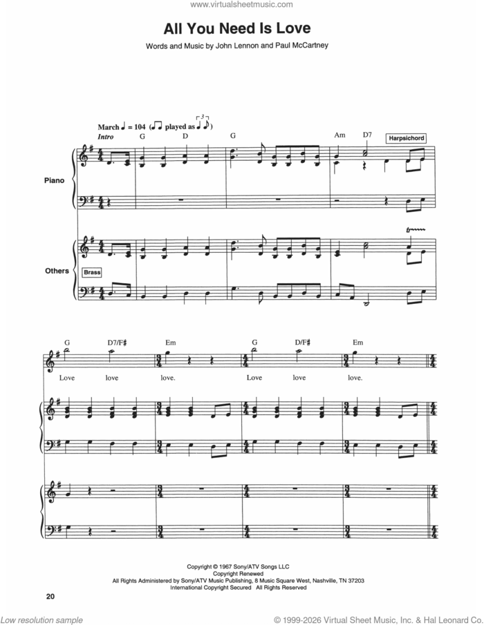 All You Need Is Love sheet music for keyboard or piano by The Beatles, John Lennon and Paul McCartney, intermediate skill level