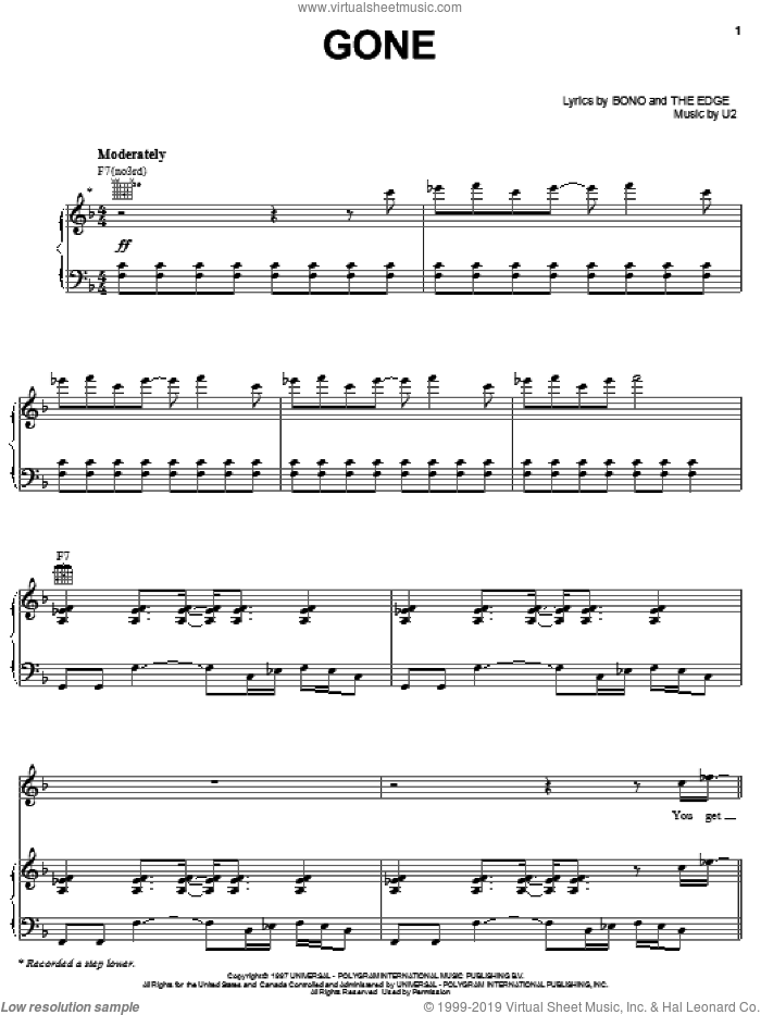Gone sheet music for voice, piano or guitar by U2, Bono and The Edge, intermediate skill level