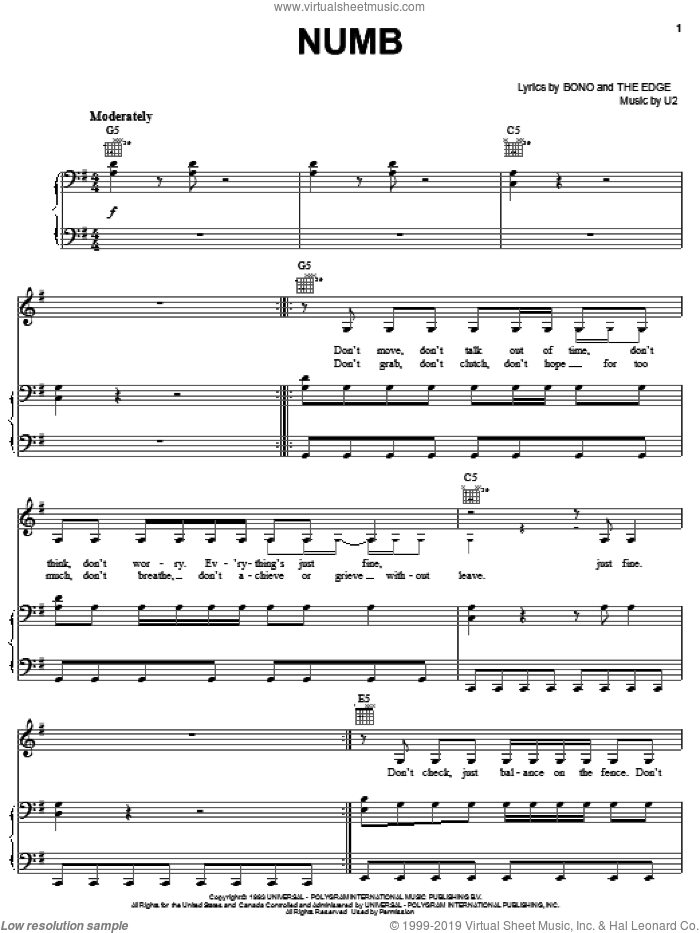Numb sheet music for voice, piano or guitar by U2, Bono and The Edge, intermediate skill level