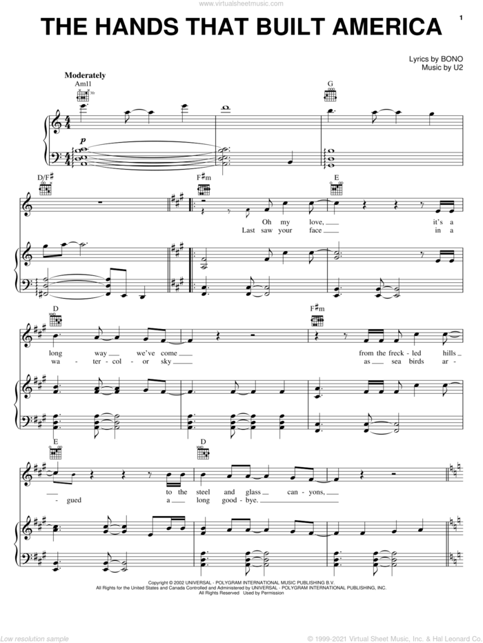 The Hands That Built America sheet music for voice, piano or guitar by U2 and Bono, intermediate skill level
