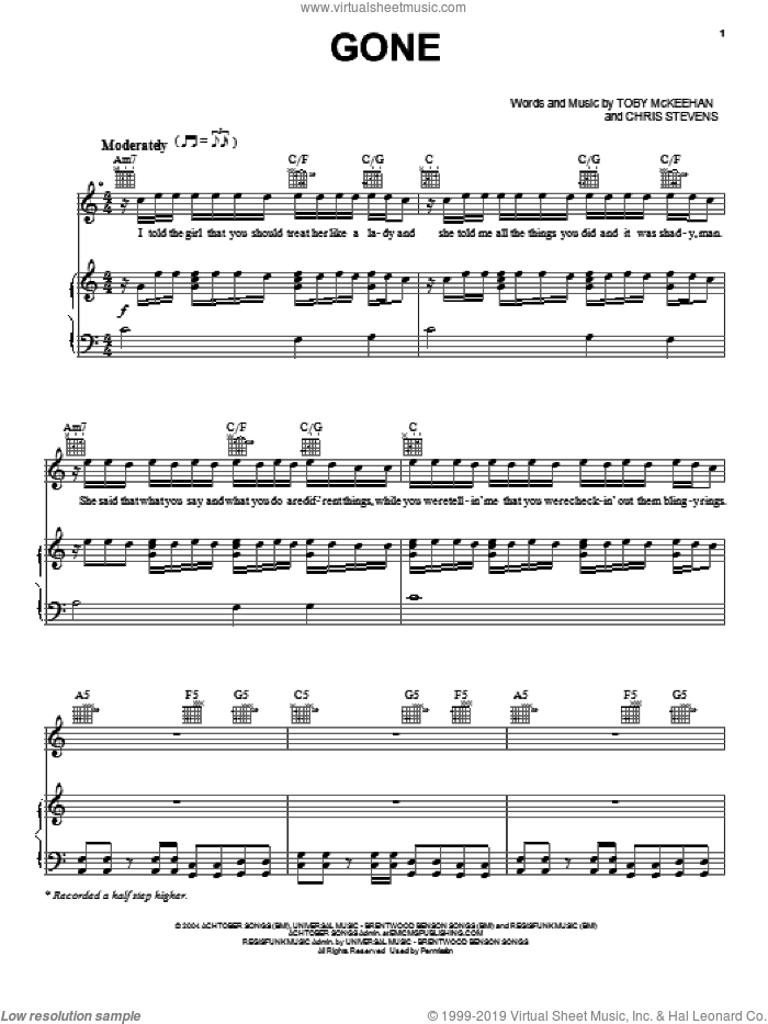 Gone sheet music for voice, piano or guitar by tobyMac, Chris Stevens and Toby McKeehan, intermediate skill level